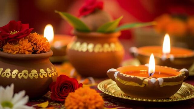 Festive arrangement of glowing Diya oil lamps, colorful flowers, and Kalash for a traditional Indian celebration like Diwali or a Puja ceremony.