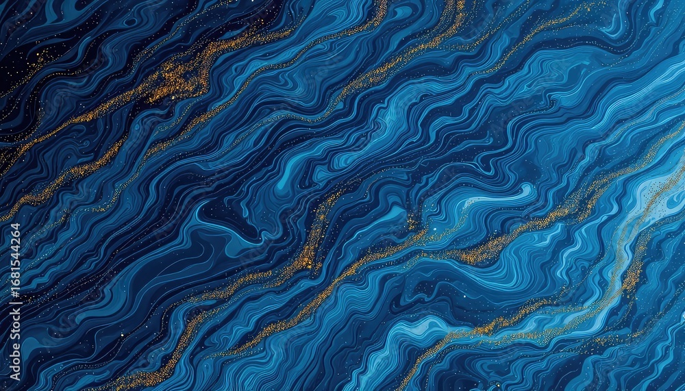 Poster swirling abstract pattern of deep blues and lighter shades with shimmering lines resembling gold for