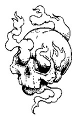 Pixel art skull with fire and smoke. Retro 8-bit style flaming skull doodle, perfect for stickers, t-shirts, posters, tattoos, and alternative digital designs.