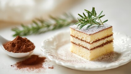 A square slice of layered cake dusted with powdered sugar, beside cocoa powder, and sprigs of rosemary