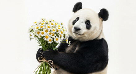 An adorable giant panda with a gentle smile holding a beautiful bouquet of fresh white chamomile daisies.