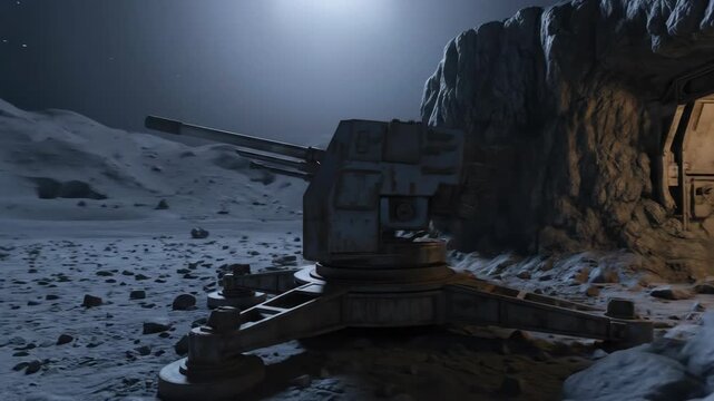 Lunar outpost featuring gun turret, lunar landscape and habitat structure on moon. Defence and technology concept.