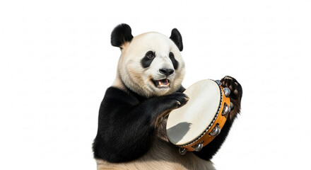 Obraz premium A happy giant panda bear playing a tambourine with a joyful expression against a white background.