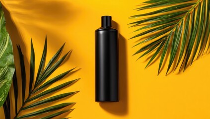 Black bottle of hair product surrounded by tropical leaves on a bright yellow background. Strong shadows cast by the leaves and bottle