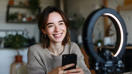 Young content creator filming a vlog with smartphone and ring light, smiling, bright home setup. Concept : Content creation, vlogging, social media, digital lifestyle, influencer setup.