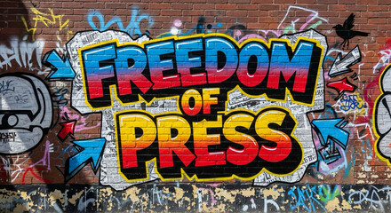 Fototapeta premium Wall with graffiti words: ‘Freedom of Press’, street art concept.
