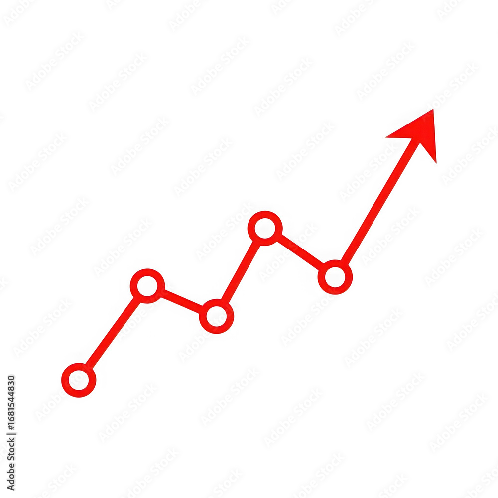 Poster red line graph with circular data points trending upwards on a black background chart isolated on a 