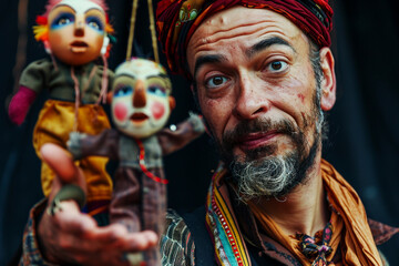 Fototapeta premium Elderly puppeteer performing with expressive clown puppet on theatrical stage generative AI