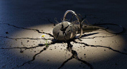 Broken microphone on a cracked floor, symbol of silenced voices.
