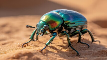 A vibrant, iridescent beetle showcasing its shimmering beauty on a sandy surface. The beetle's colors reflect the sunlight, creating a stunning display