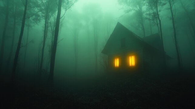 Foggy forest, house with glowing windows