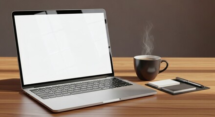 Fototapeta premium Blank screen laptop mockup on a warm wooden desk with a steaming coffee cup and notebook, ideal for showcasing digital designs, work, or study concepts