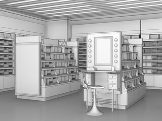 Outline drawing of cosmetic store interior with makeup table and chair and cosmetic display stands. 3d illustration