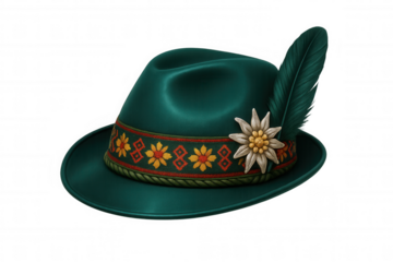 Green traditional german, austrian or south tyrolean hat with floral decorations, a feather and a transparent background