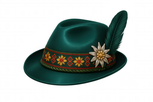 Green traditional german, austrian or south tyrolean hat with floral decorations, a feather and a transparent background