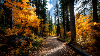 Fototapeta premium Bright autumn day with a trail through a forest of oange and gold trees.