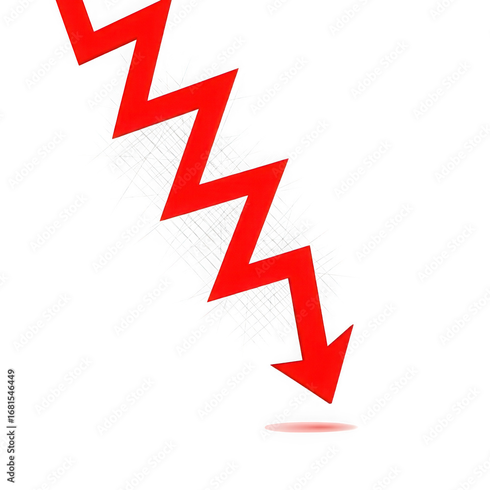 Poster red zigzag arrow falling downward into a textured white mass on black background decline isolated on