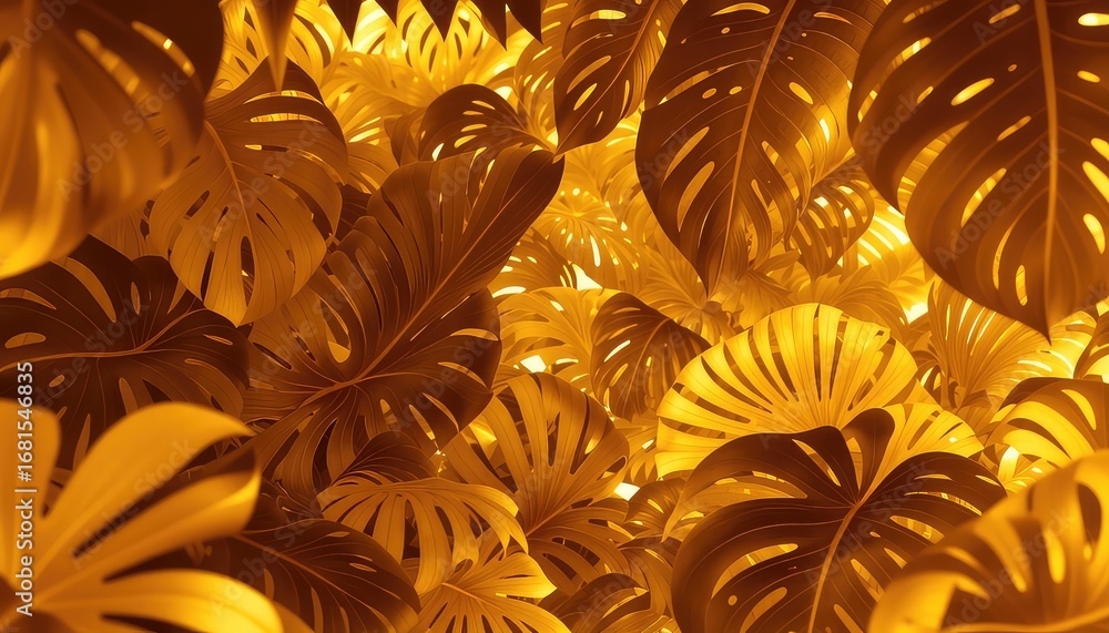 Poster lush golden leaves create a dense jungle canopy, illuminated by a warm, ethereal light source shinin