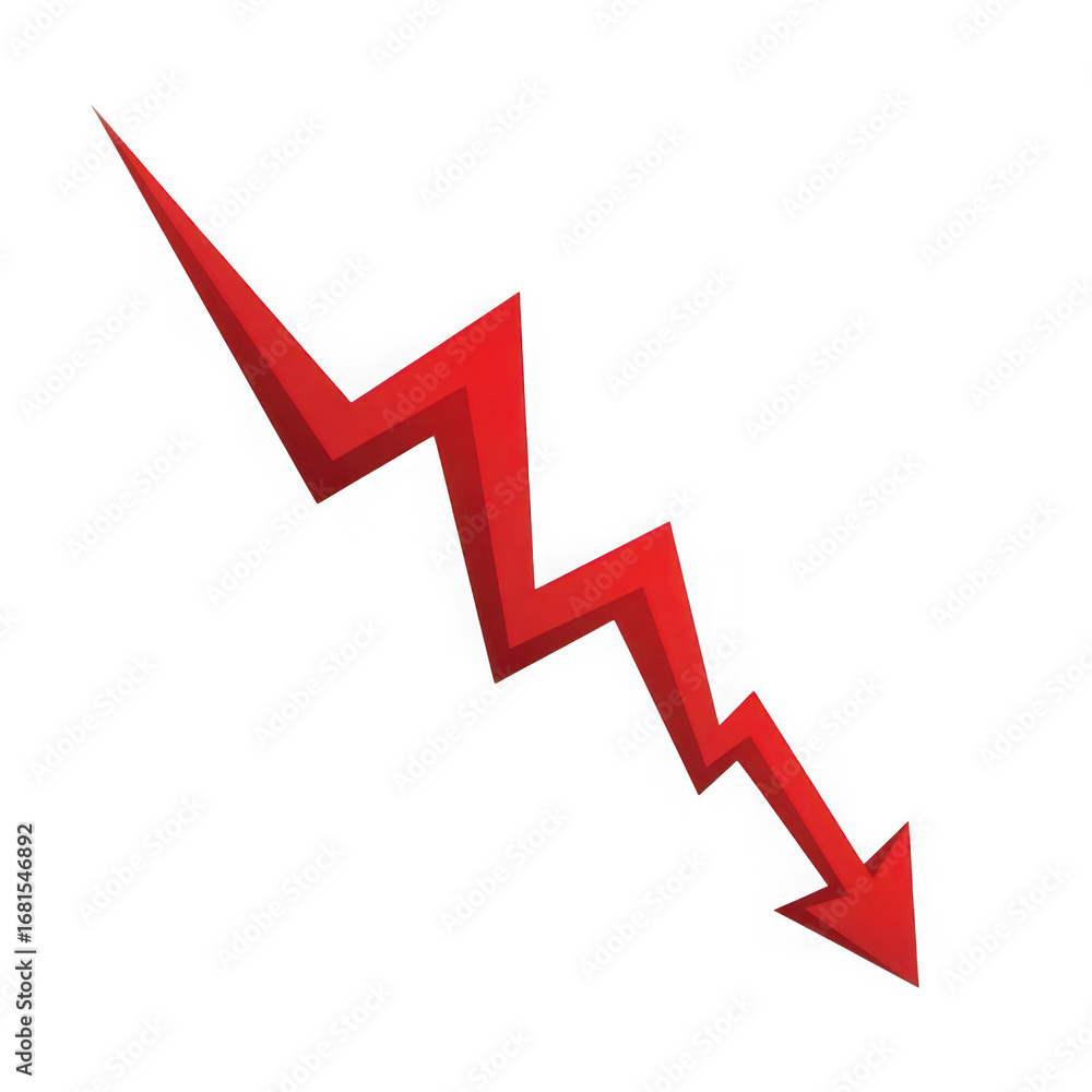 Poster red zigzag arrow indicating a sharp decline on a black canvas down decrease isolated on a transparen