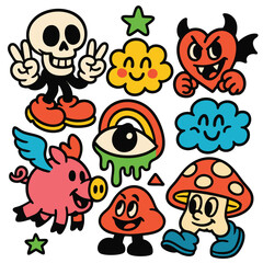 Naklejka premium Cartoon skull, smiling cloud, heart with horns, rainbow eye, pig with wings, mushroom