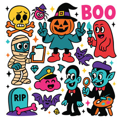 Halloween cartoon illustration with pumpkin, mummy, ghost, vampire, bat, and tombstone