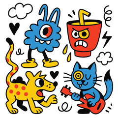 Blue monster angry drink yellow dog blue cat cartoon playful doodle music