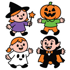 Children in witch, pumpkin, ghost, and vampire costumes, smiling and celebrating Halloween
