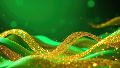 Elegant Green Surface Featuring Golden Glitter Ribbons and Sparkling Dust Particles for Festive Celebrations
