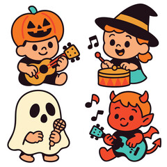 Children in pumpkin, witch, ghost, and devil costumes play musical instruments joyfully