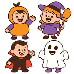 Children pumpkin costume, witch costume, vampire costume, ghost costume, happy Halloween party