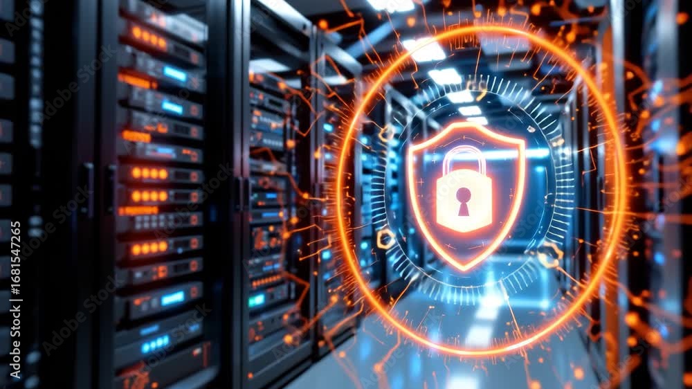 Poster cyber fortress: a luminous lock shield symbol floats against a backdrop of server racks, embodying s