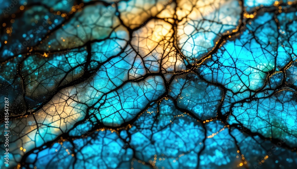 Poster interconnected network of dark lines over a radiant blue surface with subtle golden accents creating