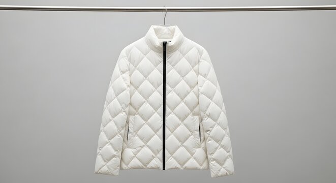 Hanging crisp white down puffer jacket on a metal rod, minimalist style, clean aesthetic, studio shot, winter fashion, retail display, isolated.
