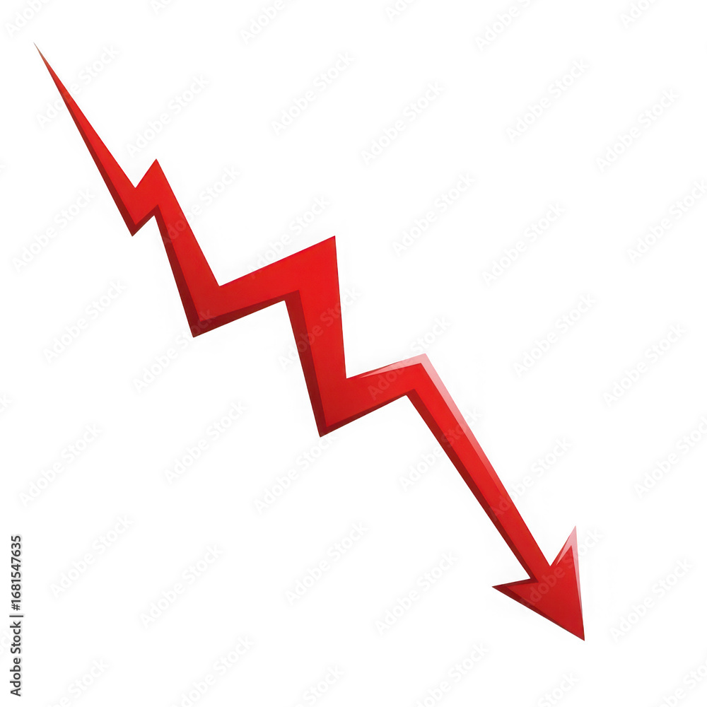 Poster red zigzag arrow pointing downward on black background decline isolated on a transparent background