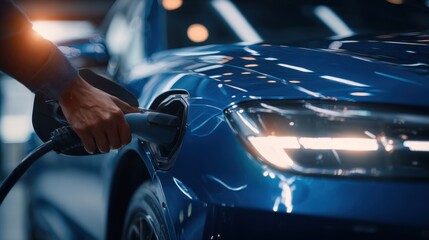 Mechanic plugging charging cable into electric car in modern auto repair shop