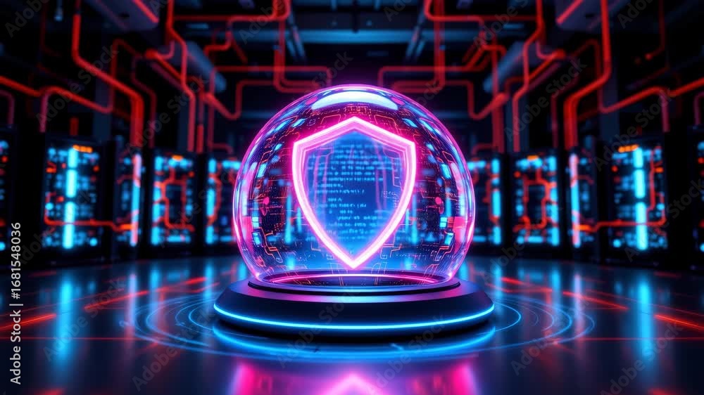 Poster cyber security shield: a dynamic and futuristic image featuring a digital shield, encased within a p