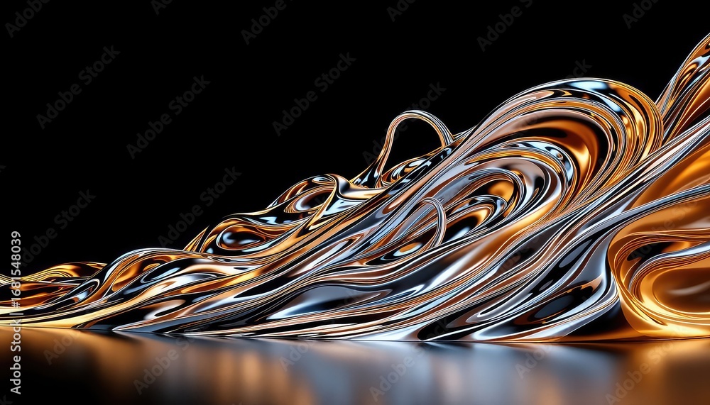 Aufkleber reflective metallic waves of bronze and silver cascading downwards on a black plane, creating a visu