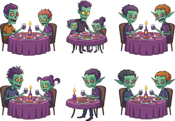 Cartoon zombies and monsters dining at creepy dinner table, Halloween themed illustration, spooky family meal with brains and eerie food