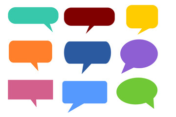 Colorful speech bubble vector set with rounded and rectangular chat icons for messages, stickers, posters, social media, and communication design