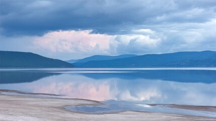 A serene landscape with calm water reflecting mountains and stormy clouds,