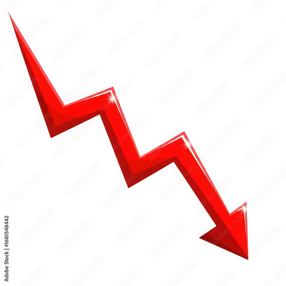 Poster red zigzag arrow pointing downward with sparkle highlights on black background decline isolated on a