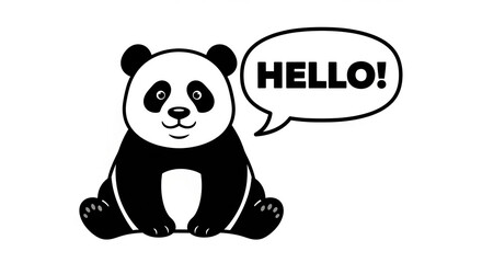 A simple black and white illustration of a cute cartoon panda bear sitting and smiling, with a speech bubble containing the word HELLO!.