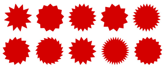 Red starburst badge vector set with spiky jagged sale labels and promotional sticker shapes for discount tags, posters, banners, and graphic design