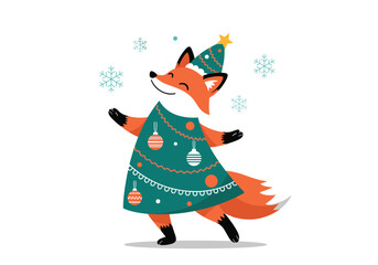 A cheerful fox dressed as a christmas tree dances merrily in the falling snow