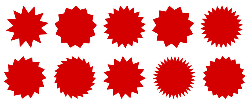 Red starburst badge vector set with spiky jagged sale labels and promotional sticker shapes for discount tags, posters, banners, and graphic design
