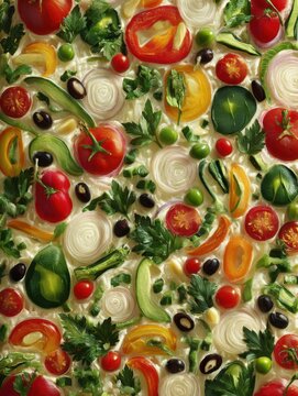 Fresh Vegetable Medley Flat Lay Overhead Shot Featuring Tomatoes Peppers Onions Olives Parsley and Creamy Sauce
