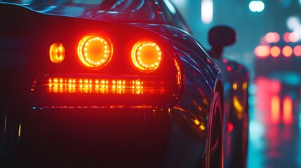 Automotive tail lights glowing bright red on a modern sports car at night in a city setting image