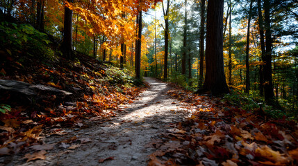 Fototapeta premium Bright fall day with a winding forest trail and coloful autumn leaves coveringthe ground.