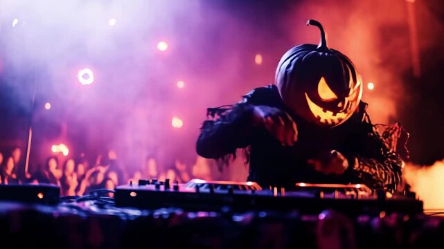A pumpkin headed character dj with a spooky costume is playing music at a Halloween party filled with colorful lights and smoke