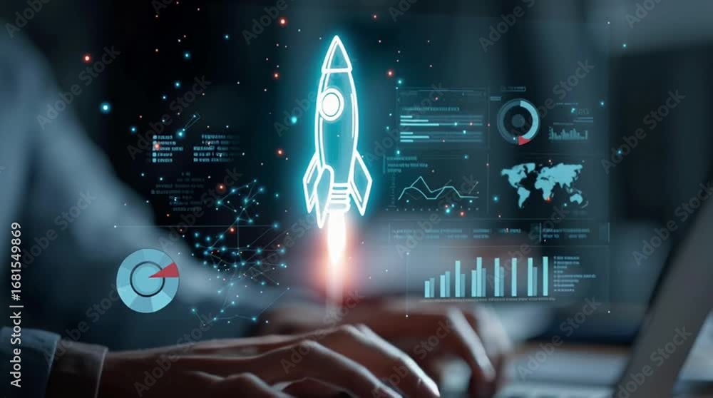 Poster business startup concept: person typing on laptop with rocket launching and data visualization overl